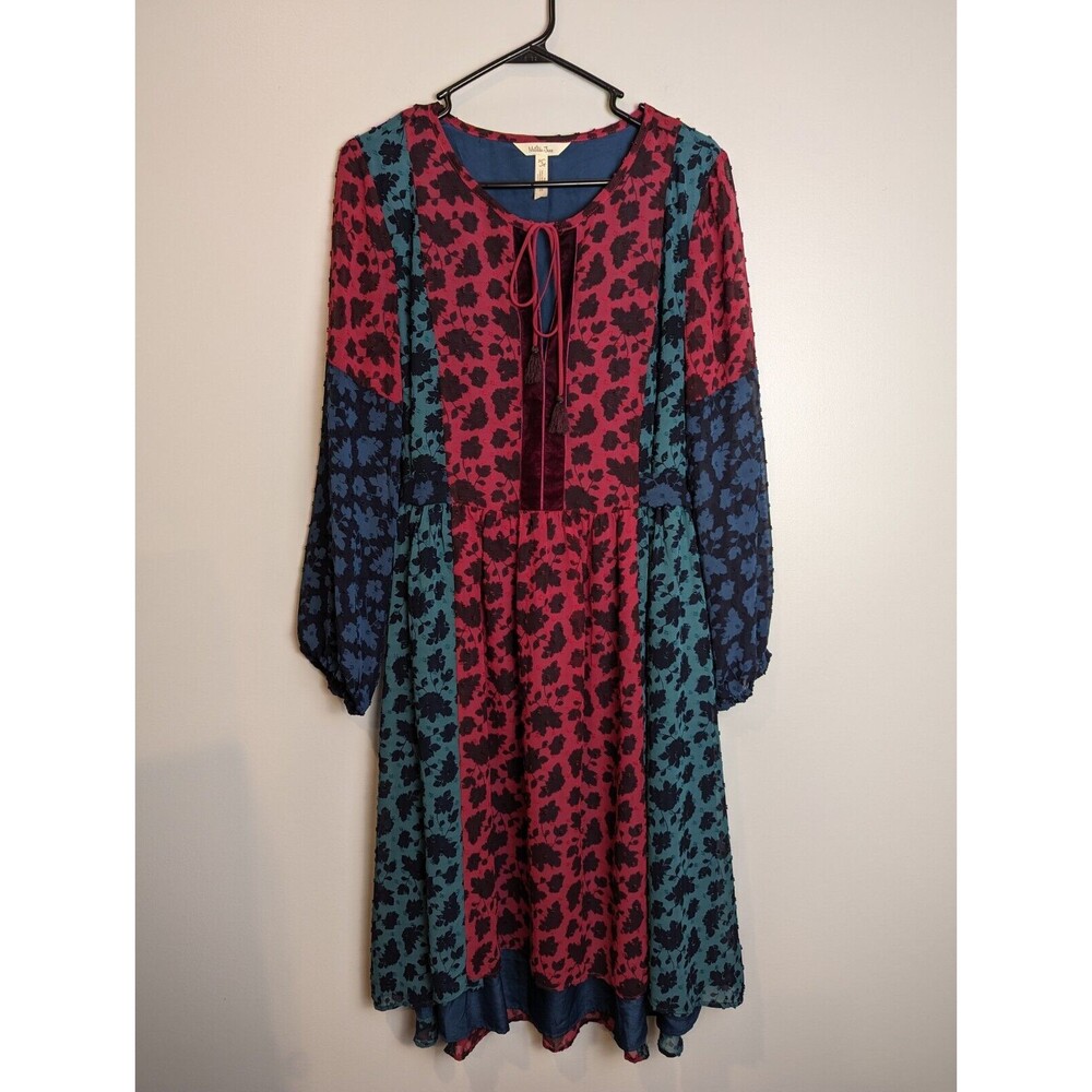 Matilda Jane Womens S Boho Patchwork Floral Swiss Dot Dress Burgundy Teal Navy